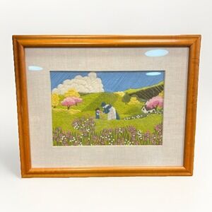 Handcrafted Fiber Art Landscape in Wooden Frame